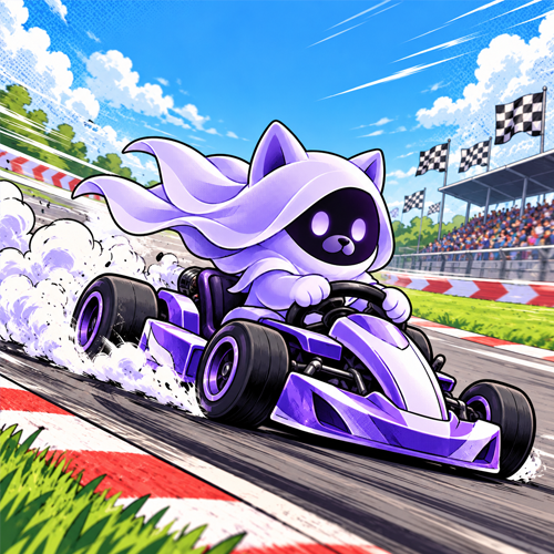 VeilDoge in a lavender kart racing a sunny comic track, veil streaming behind checkered flags