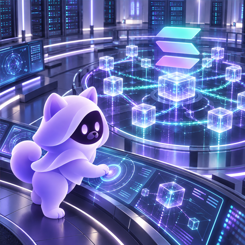 VeilDoge standing at a glowing console in a violet server hall, reaching toward floating cubes