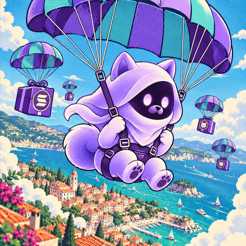 VeilDoge parachuting over a coastal town while gift boxes drift on striped canopies